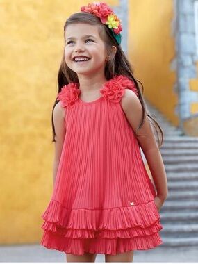 Mayoral Coral Pink Ruffled Pleated Girls Dress 2 T